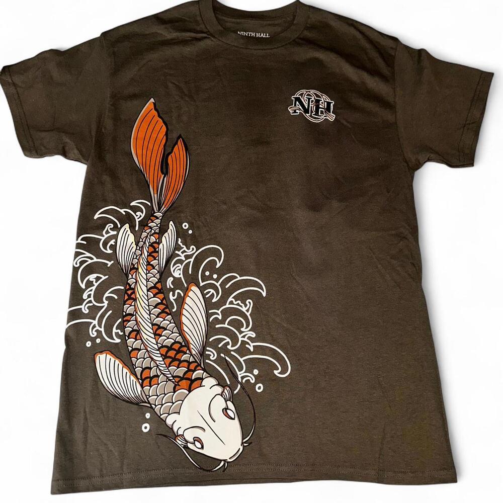 🐟 Ninth Hall Koi Fish & Crane Graphic Tee 🐦 MED Front And Back Graphic